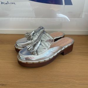 J. Crew Dakota Metallic Silver Tassel Clog Mules, Size 8